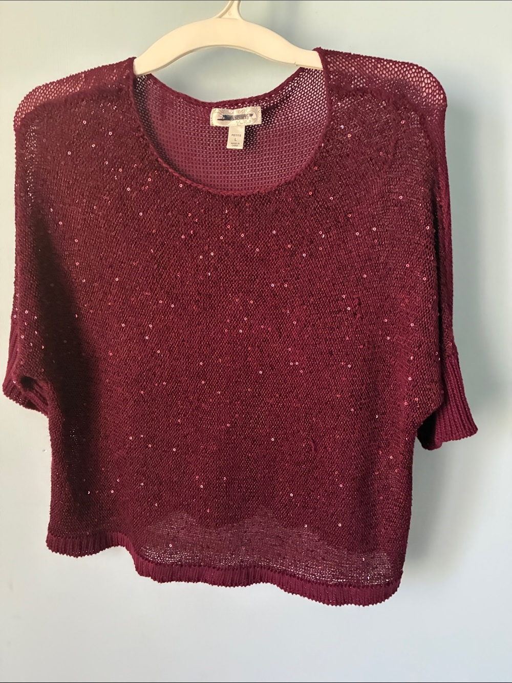 Wine Short-Sleeve Sequin Knit Top